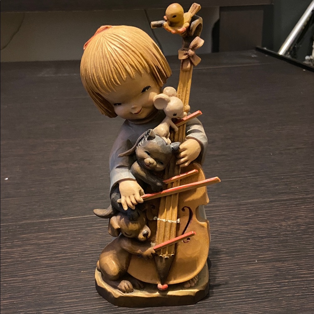 Vintage Anri Italian carved Girl with cello, dog, figurine signed Ferrandiz.